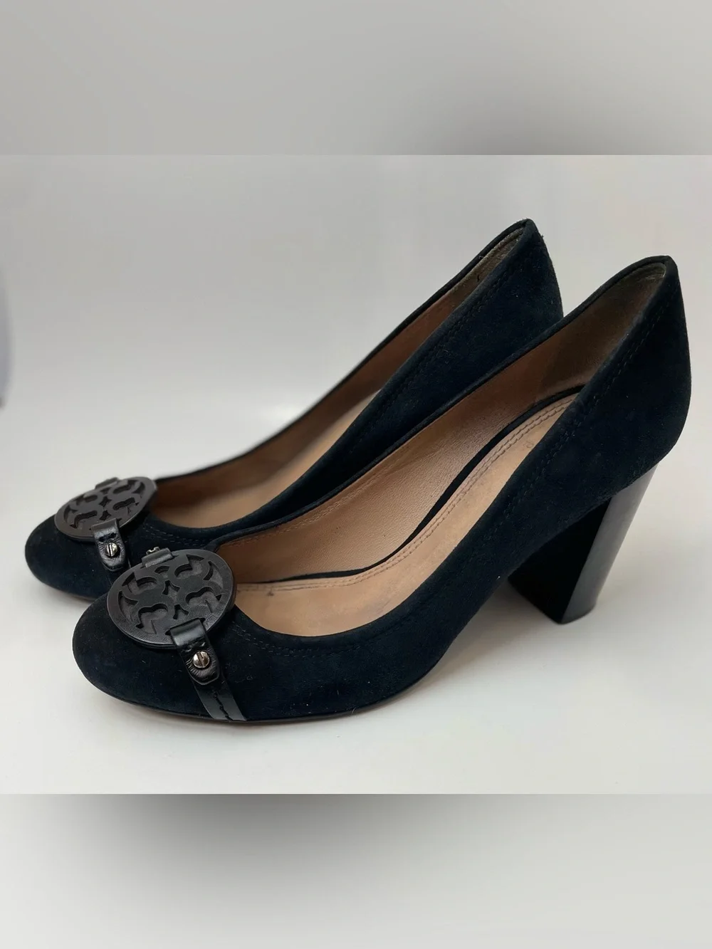 Tory Burch Mini Miller Black Suede Block-Heel Pumps with Medallion Accent